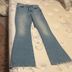 MOTHER Blue Flare Leg Jeans with Distressed Hem
